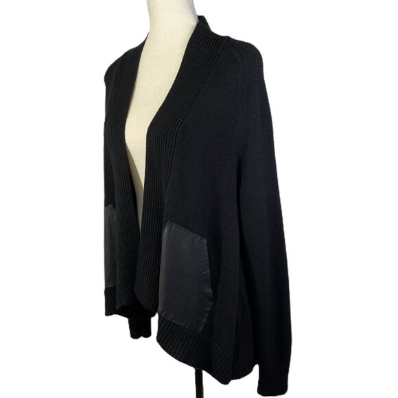 Banana Republic Black Open Front Cardigan Faux Leather Pockets Wool Blend Size M - Picture 4 of 16